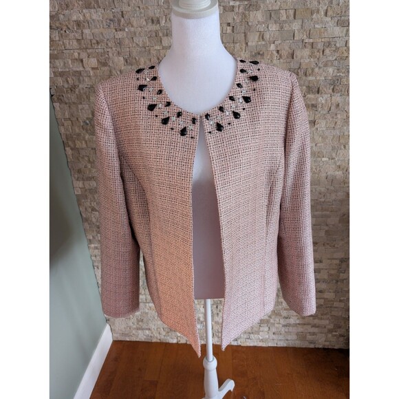 Tahari Jackets & Blazers - Tahari ASL Beaded Collar Pink Tweed Open Front Blazer Suit Jacket W Sz 14 Prep